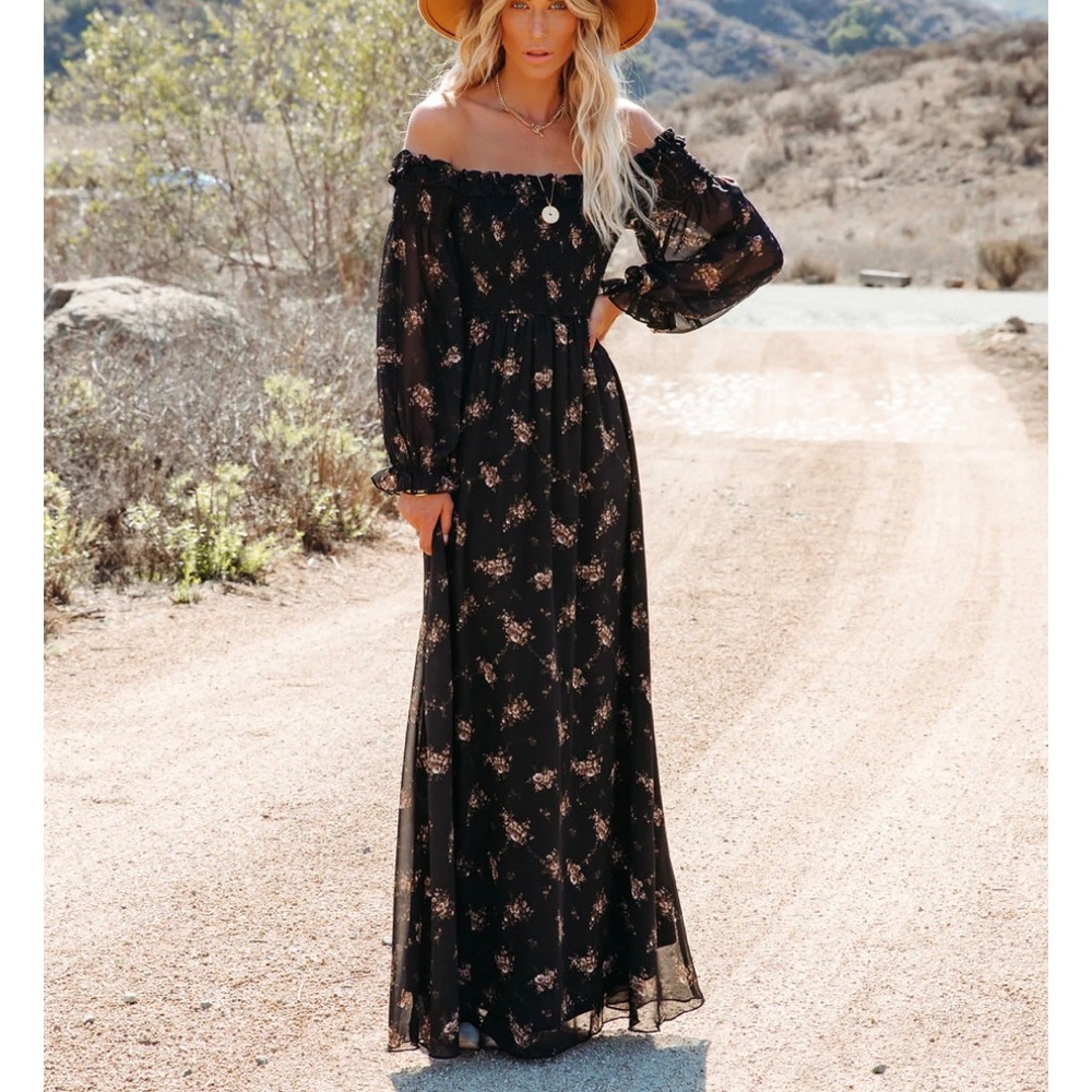 VICI Smocked Off the Shoulder Fall Maxi Dress